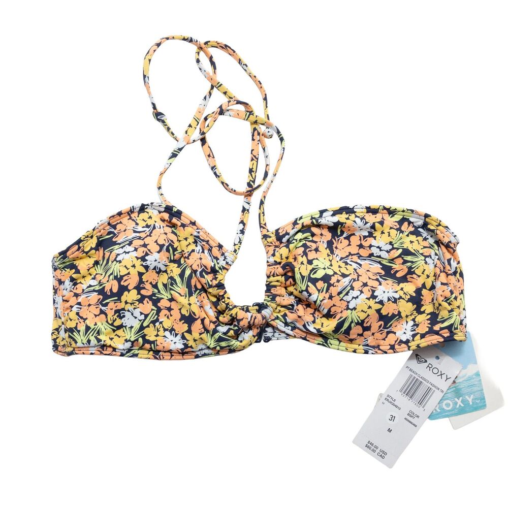 ROXY Women's M Floral Twisted Front Tie Strap Bandeau Bikini Swim Top Navy